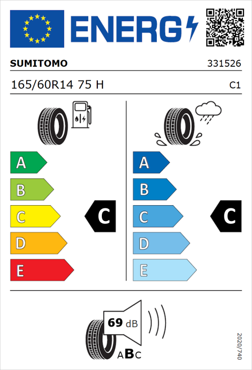 Tyre Label for Sumitomo BC100 165/60R14 75H